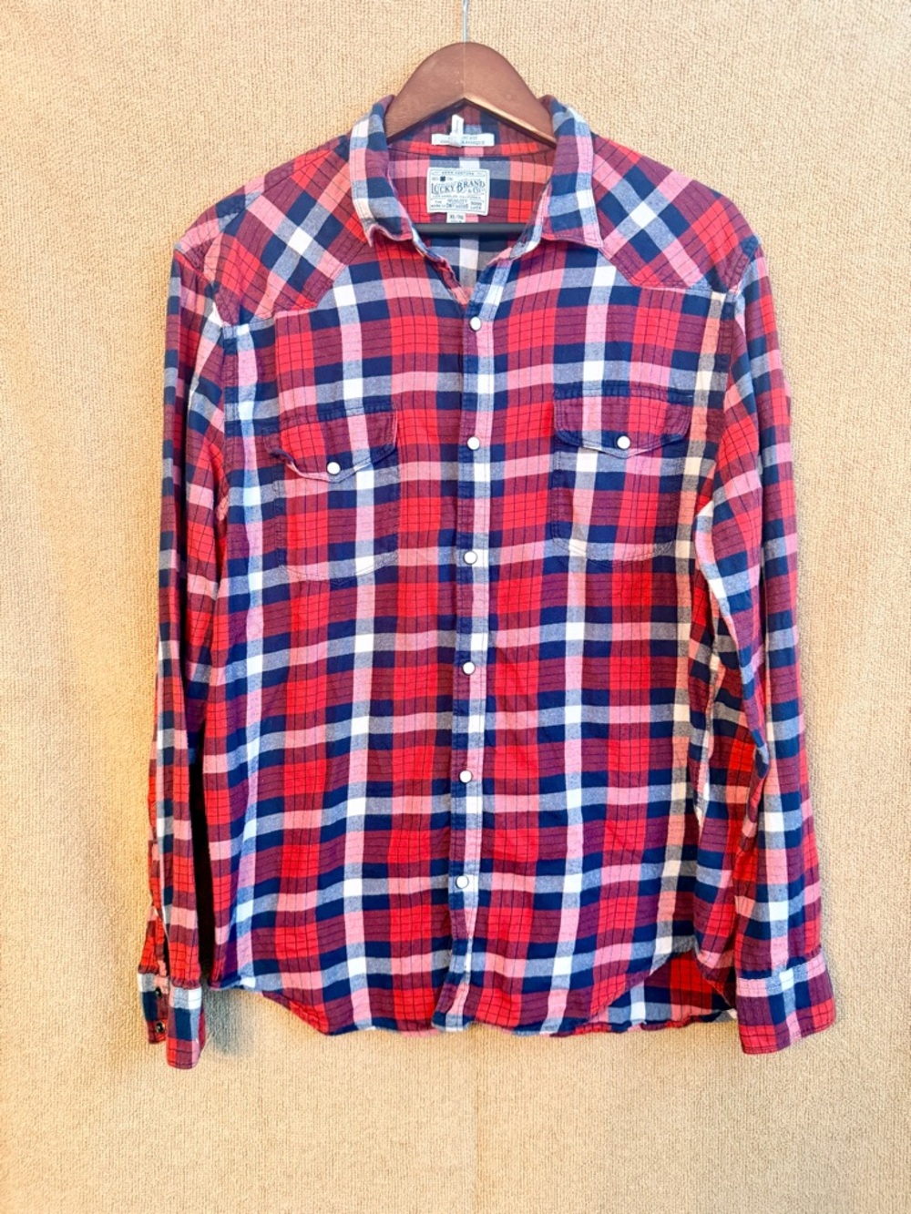 Lucky Brand Red and Navy Plaid Button-Down Shirt